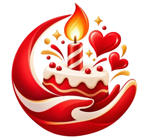 Ucapan ulang tahun logo dengan kue, lilin, hati, dan pita merah
