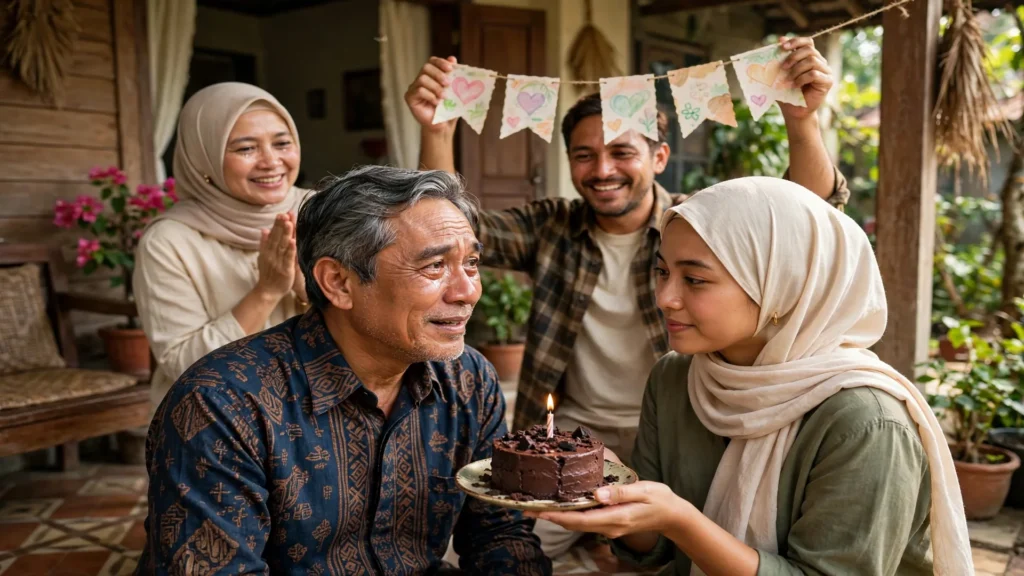 Anak perempuan memberi kejutan kue cokelat untuk ayah di teras rumah
