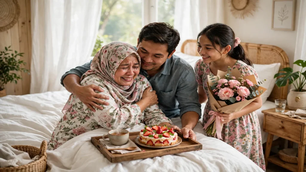 Anak memeluk ibunya yang terharu saat kejutan kue stroberi di kamar tidur