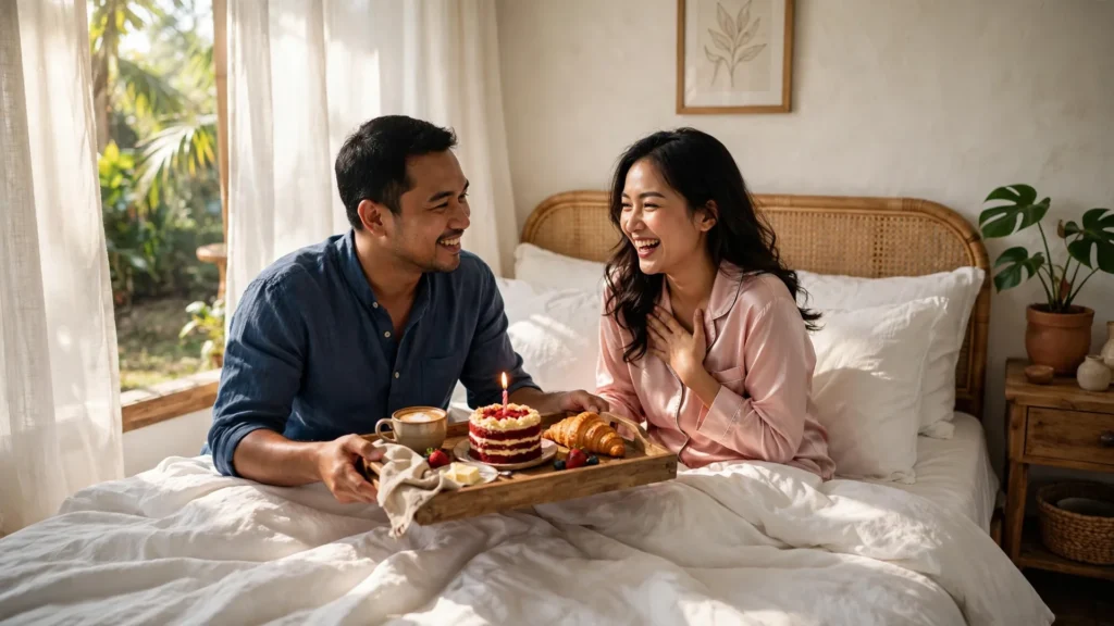 Suami memeluk istri yang tersenyum memegang kue ulang tahun