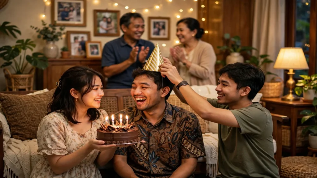 Adik-adik memberi kejutan kue ulang tahun untuk kakak laki-laki di ruang keluarga