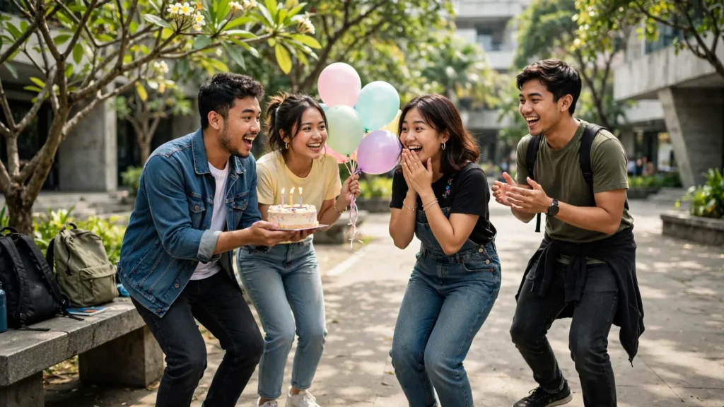 Mahasiswa merayakan ulang tahun teman di kampus dengan kue kejutan dan balon
