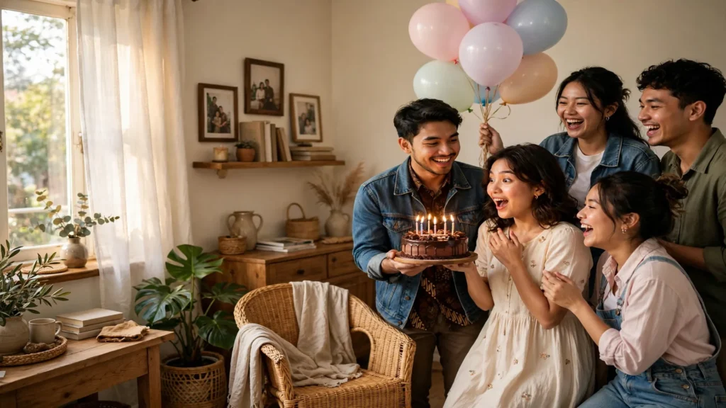 Momen perayaan ulang tahun bersama sahabat dengan kue dan balon di ruang tamu