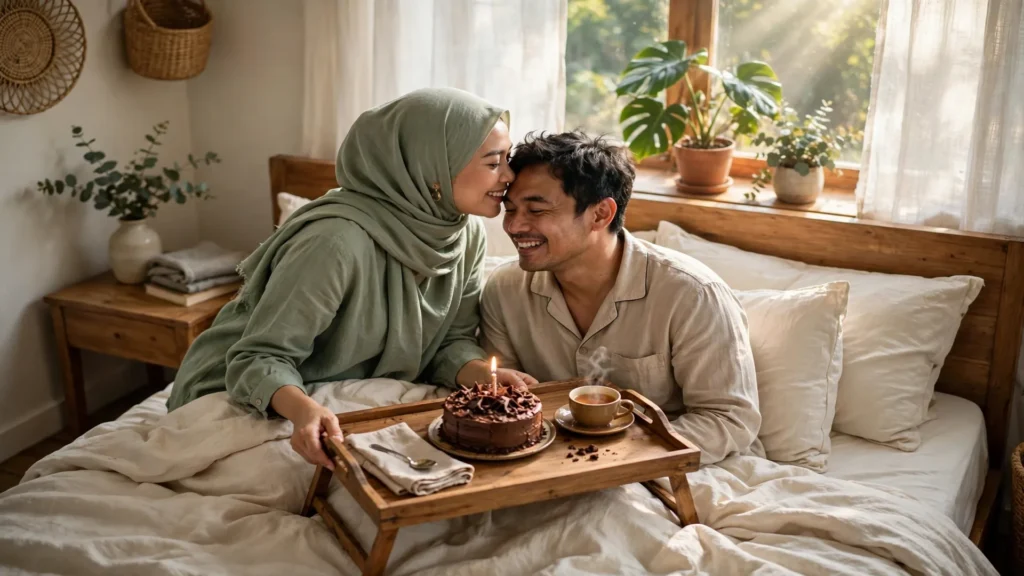Istri tersenyum memberi kejutan kue kepada suami