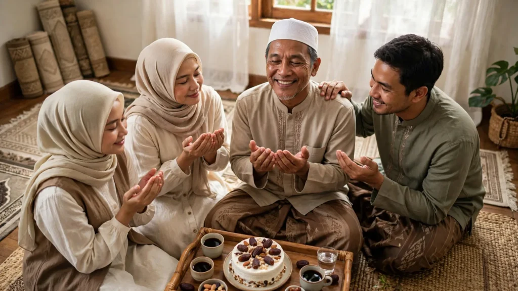 ucapan ulang tahun untuk ayah yang islami — keluarga berdoa bersama di ruang salat