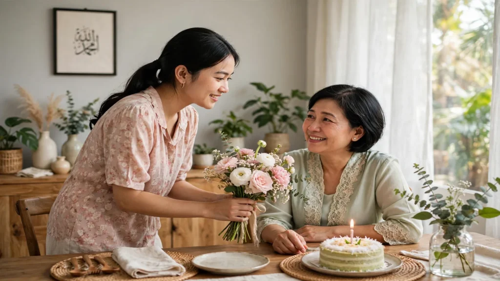 ucapan ulang tahun untuk ibu — anak memberikan buket bunga kepada ibu di meja makan