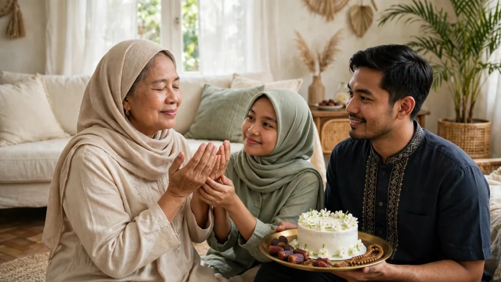 ucapan ulang tahun untuk ibu yang islami — keluarga berdoa bersama di ruang keluarga