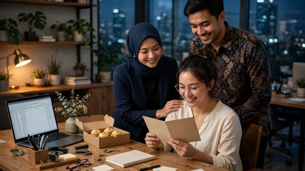 ucapan ulang tahun untuk teman kerja — rekan kantor memberikan kartu ucapan di meja kerja