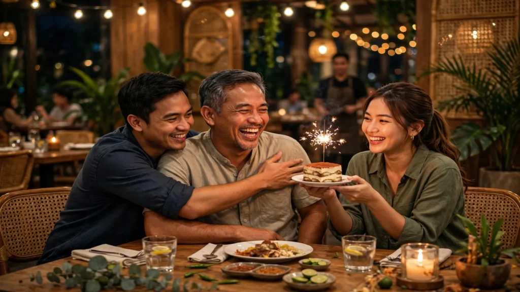 Makan malam ulang tahun ayah bersama anak-anak di restoran hangat