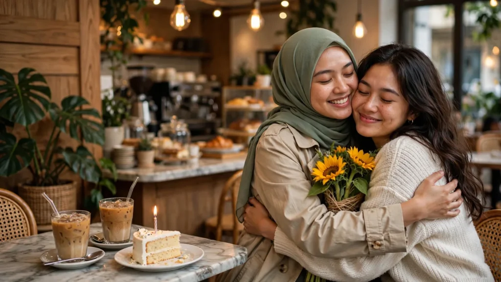 Dua sahabat perempuan berpelukan hangat di kafe saat merayakan ulang tahun