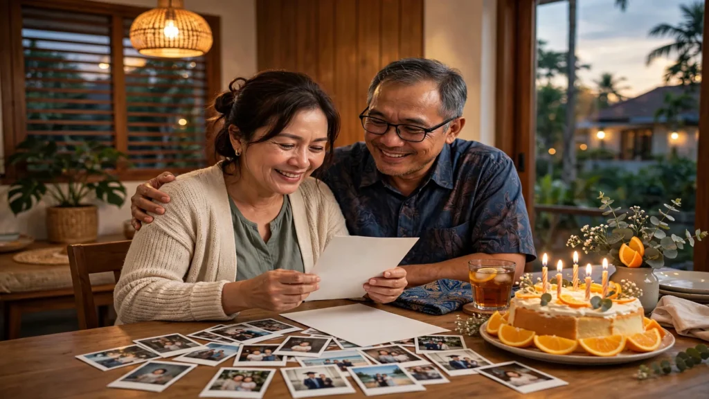 Ibu membaca surat panjang dari anak-anak sambil tersenyum haru di meja makan