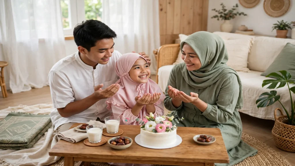 Kakak memberkati adik perempuannya sambil berdoa bersama di ruang keluarga