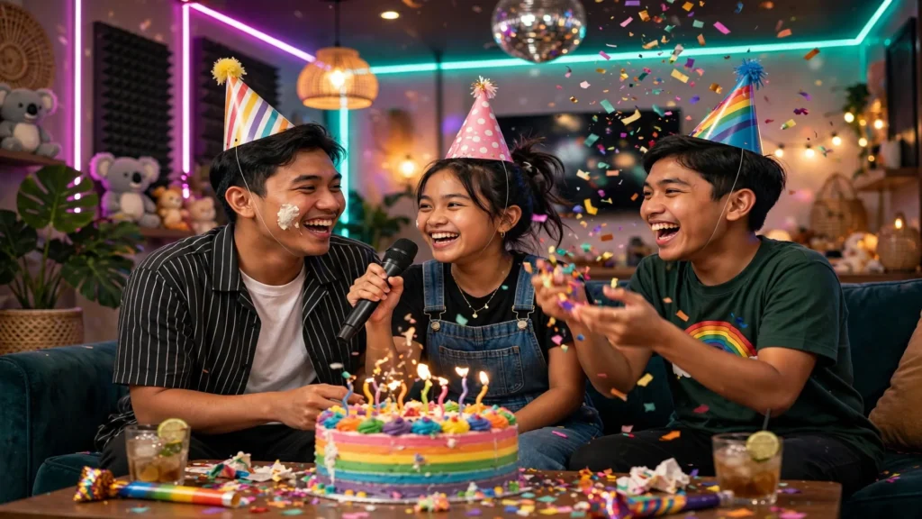 Kakak beradik tertawa seru merayakan ulang tahun dengan topi pesta di ruang karaoke