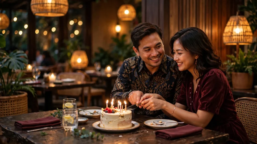 Pasangan suami istri memotong kue ulang tahun bersama di restoran