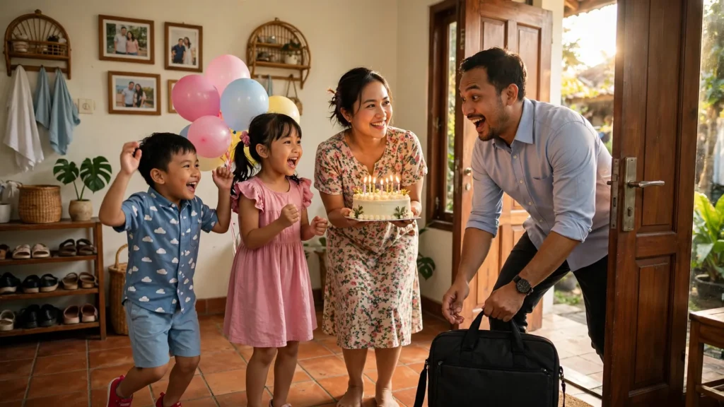 Suami istri tertawa bahagia memotong kue bersama