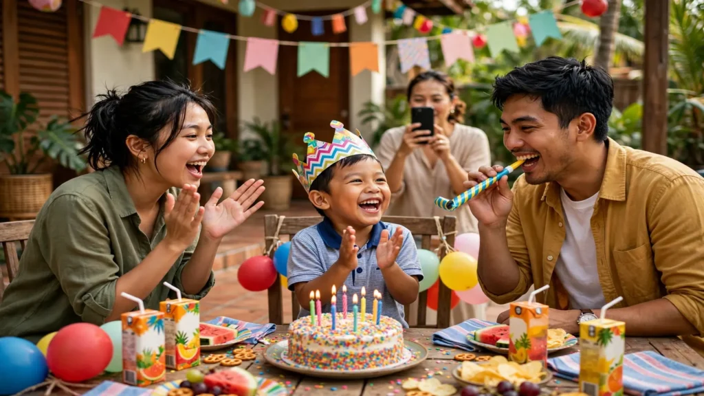 Adik kecil merayakan ulang tahun dengan mahkota kertas dan kue warna-warni di teras