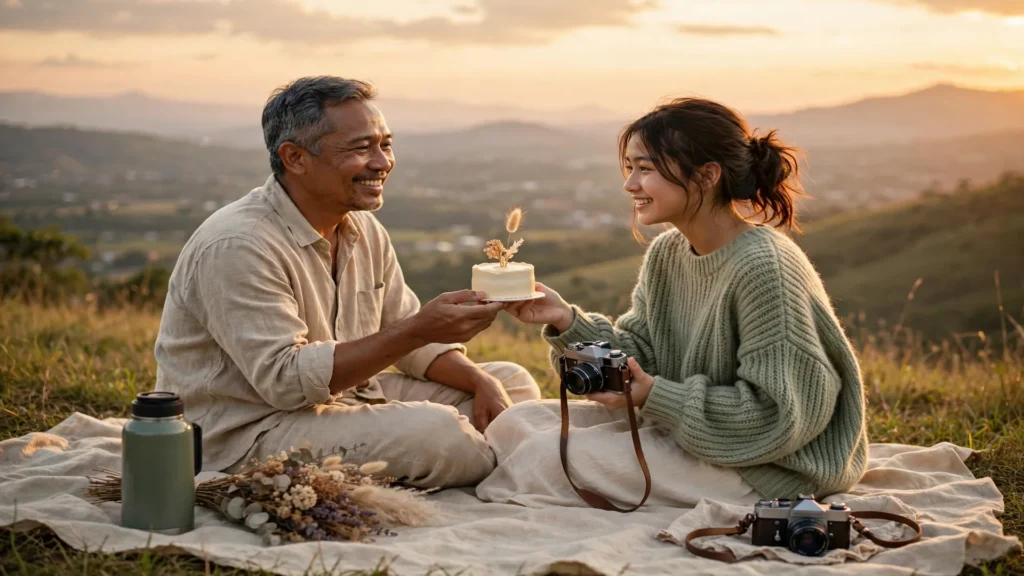 Ayah menikmati piknik senja aesthetic bersama putrinya di puncak bukit