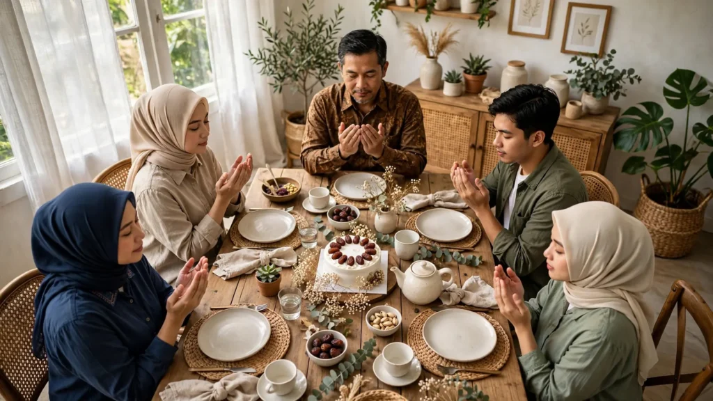 Keluarga muslim berdoa bersama sebelum memotong kue ulang tahun untuk kakak