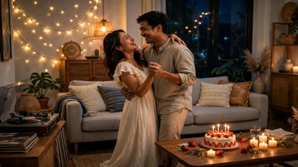 Suami dan istri memotong kue bersama di meja makan