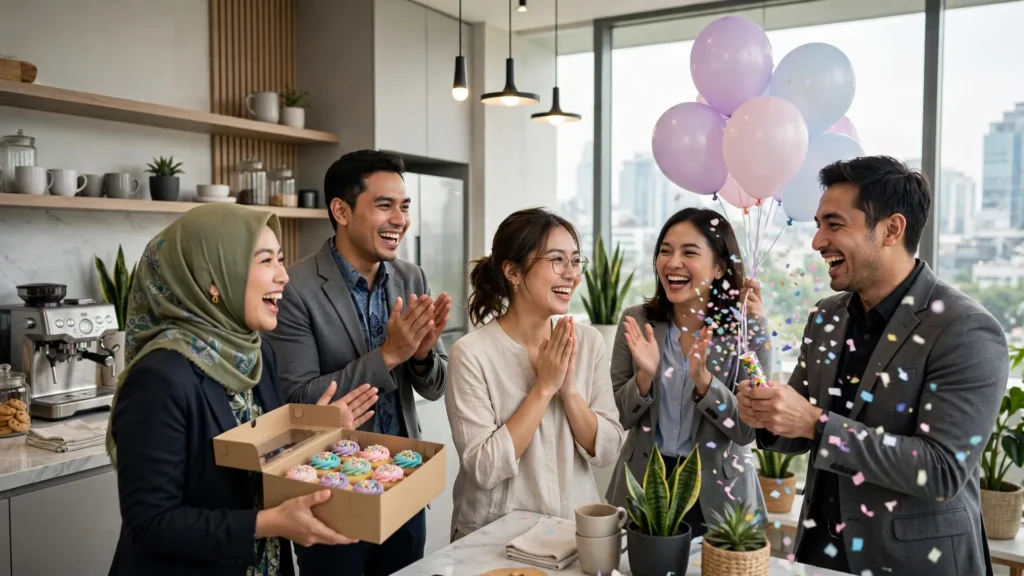 Rekan kerja merayakan ulang tahun dengan cupcake dan balon di kantor modern