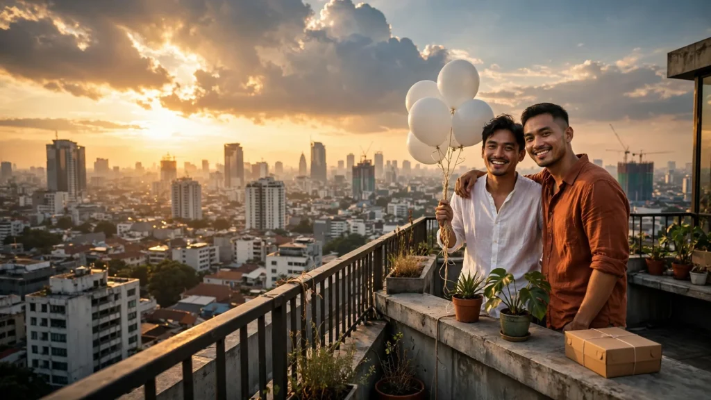 Dua teman merayakan ulang tahun di rooftop saat golden hour dengan balon putih